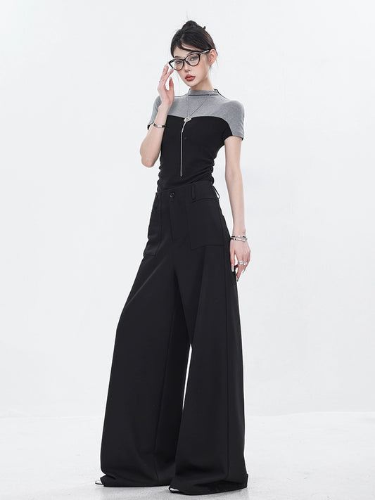 ABWEAR's original spring and summer new black high-waisted mop pants, loose straight pants, wide-legged thin casual suit pants
