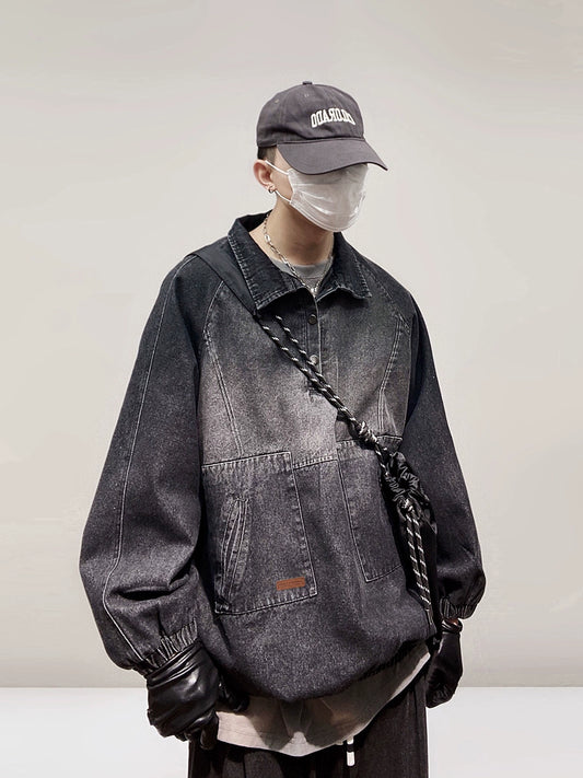 UUCSCC hip hop trendy brand vintage distressed denim jacket vintage casual lapel top washed jacket men