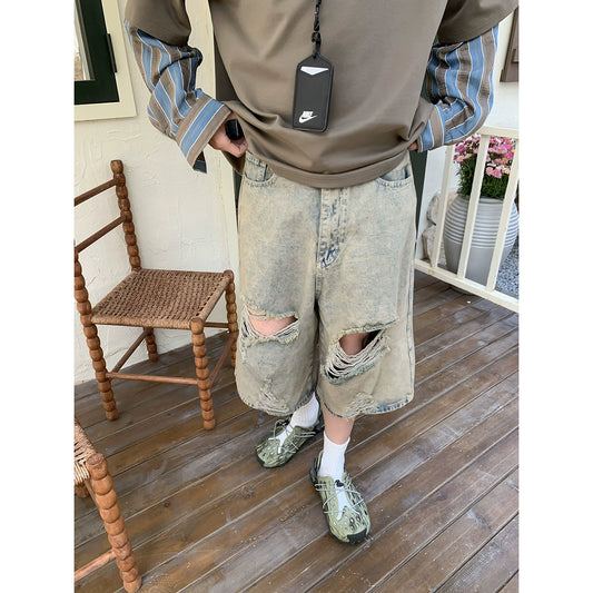 Baikouyang [Morotai Island] Cattle mud dyed ripped denim pants in the middle pants washed casual loose straight-leg cropped pants