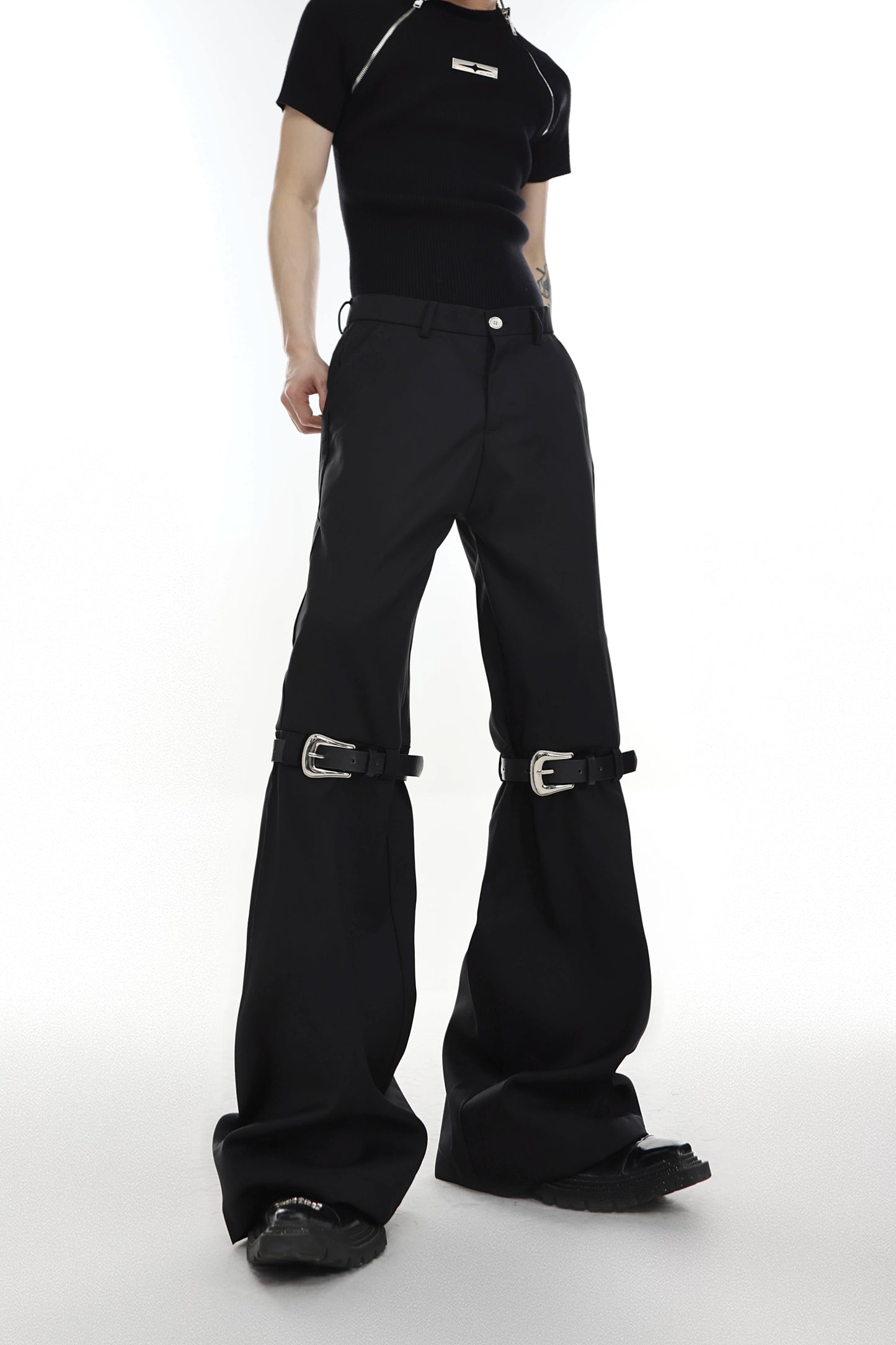 CulturE Niche Belt Stitching Design Trousers Slightly Flared Casual Pants with Metal Buttons Multi-Wear Straight-leg Pants