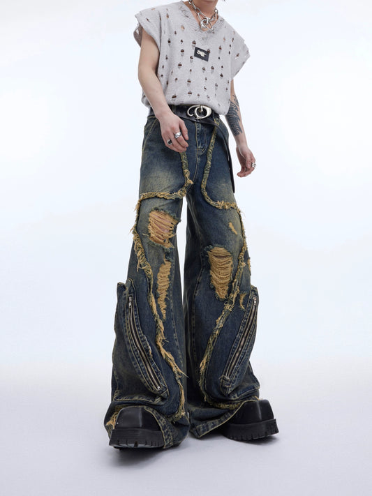 CulturE heavyweight niche deconstructed tassel ripped jeans retro distressed large pocket design cargo pants