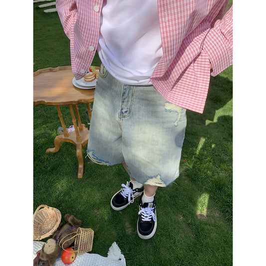 Baikouyang [Fog Gray Riverside] summer old washed ripped denim shorts, handsome casual loose five-point pants