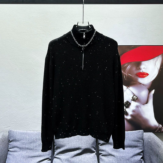 Semi-high neck design base sequin sweater men's autumn and winter new fashion trend loose casual solid color knit