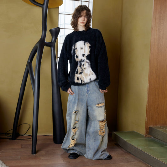 ANTERIOR LOVED×CasseSango Dalmatian faux-mohair pullover crewneck sweater with long sleeves