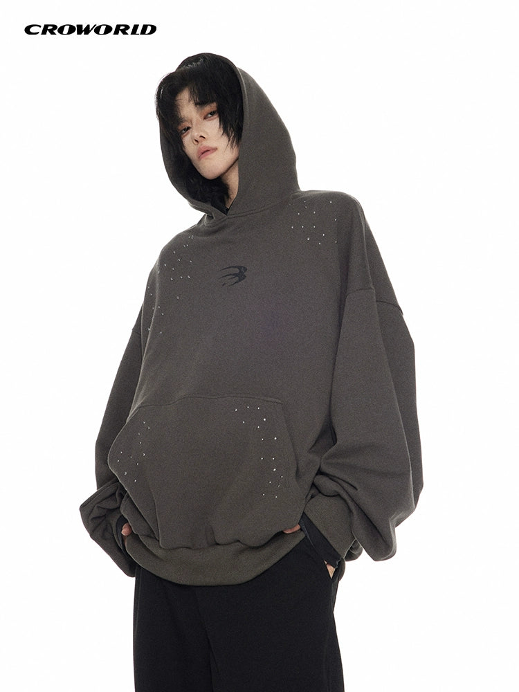 CROWORLD Niche Design Frayed Print Hoodie Metallic Sheet Loose Fit Hoody