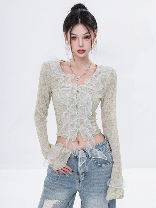 ABWEAR Original New Chinese Shirt Women's Summer 2024 New Ruffle Mesh Design Long Sleeve Top