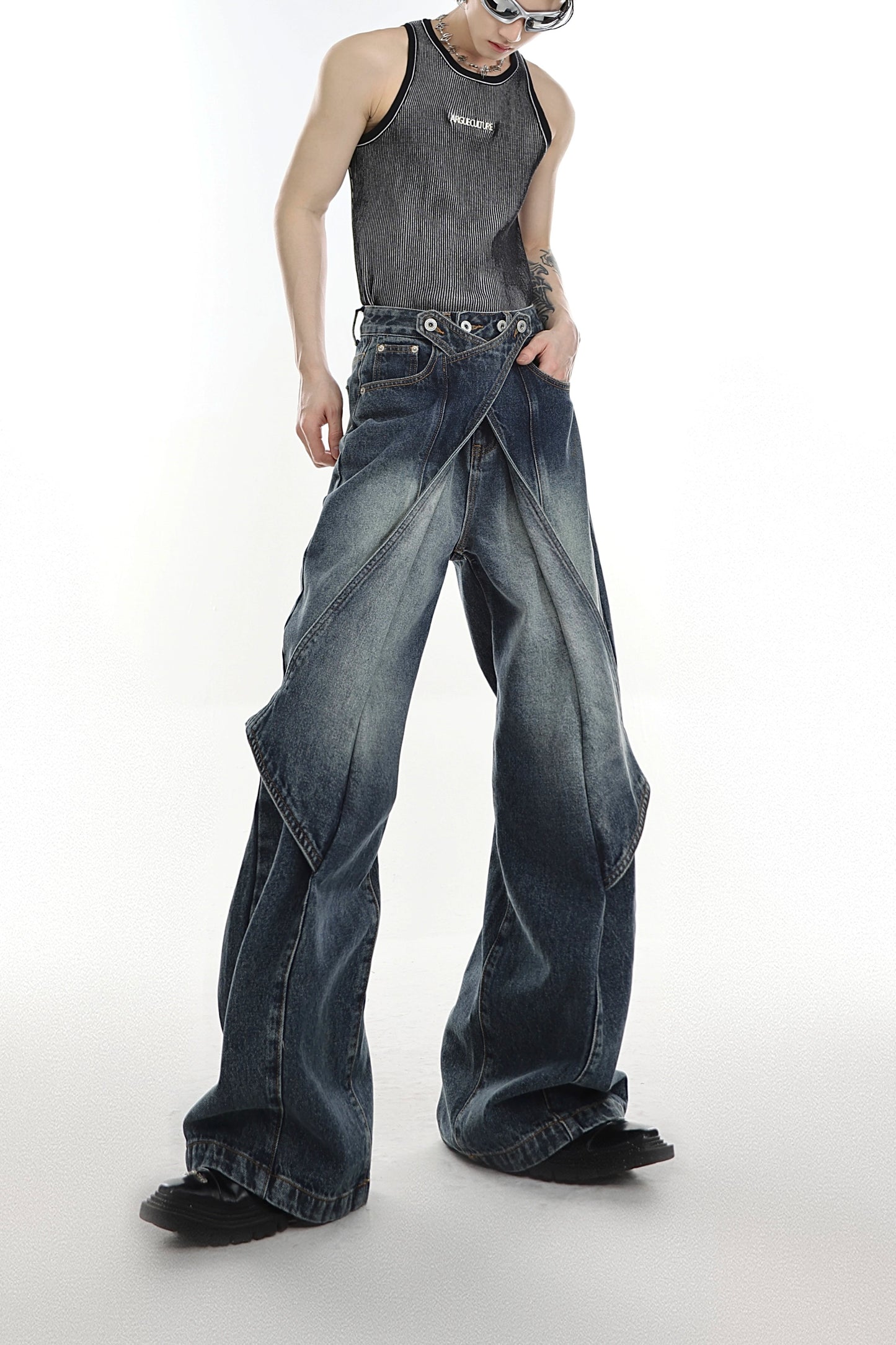 CulturE niche heavy work distressed washed jeans deconstruct the design  sense of the cut-off flared pants wide-leg pants