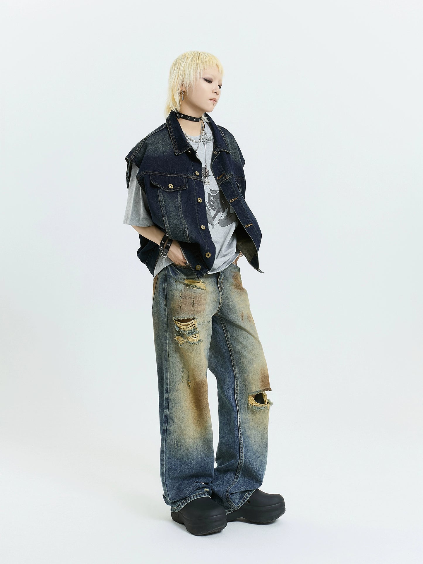MICHINNYON American retro wash, dirty, old, ripped and ruined design, high street baggy jeans