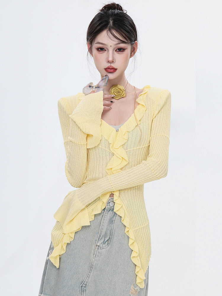ABWEAR original spring yellow Korean sweet niche design fungus edge long sleeve T-shirt V-neck waist knit sweater