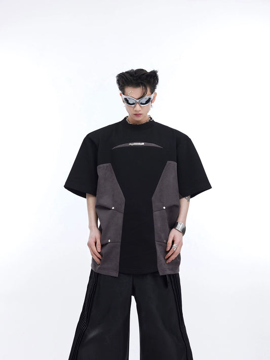CulturE Heavy Industries Niche Deconstructed Contrast Stitching Padded Shoulders Short Sleeves Men's Three-Dimensional Press-Pleated Design Sense Loose T-Shirt Men