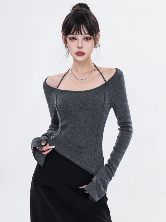 ABWEAR's original new spring gray pure desire halterneck knit sweater is slimmed and cinched waist niche design with a top