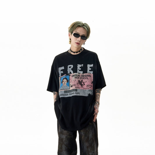 Mr. Black Old, Noise Letters, American Casual Oversize, Round Neck, Short Sleeves, Smudged Hip Hop T-shirt, Men's ins
