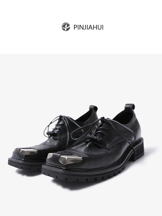 pinjiahui original design washed calfskin dark black platform square scalp shoes men's casual low-top derby shoes