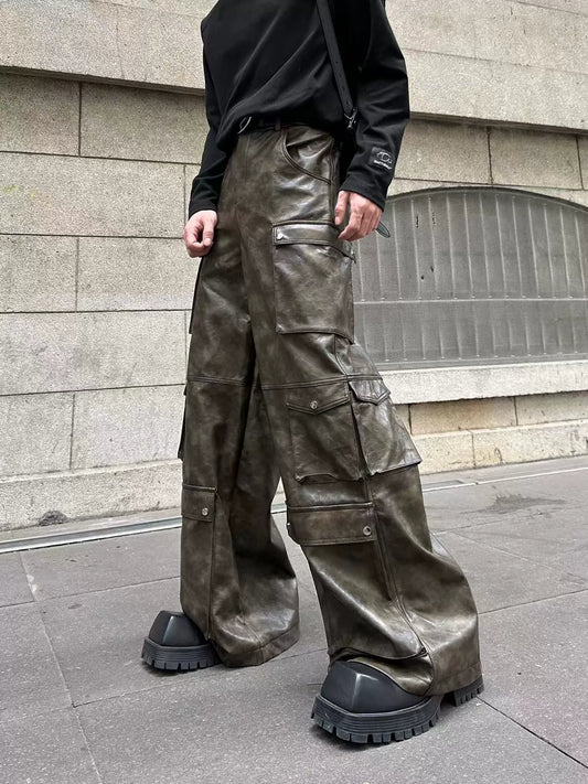 MARTHENAUT Niche Design Maillard Wide-Leg Flared Cargo PU Leather Pants Wasteland Loose Drag Trousers