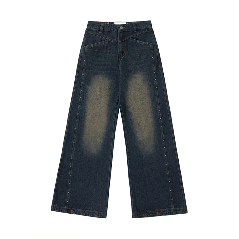 MICHINNYON American Straight Maillard Wash Distressed Wash Loose Wide Leg Stud Jeans For Men & Women