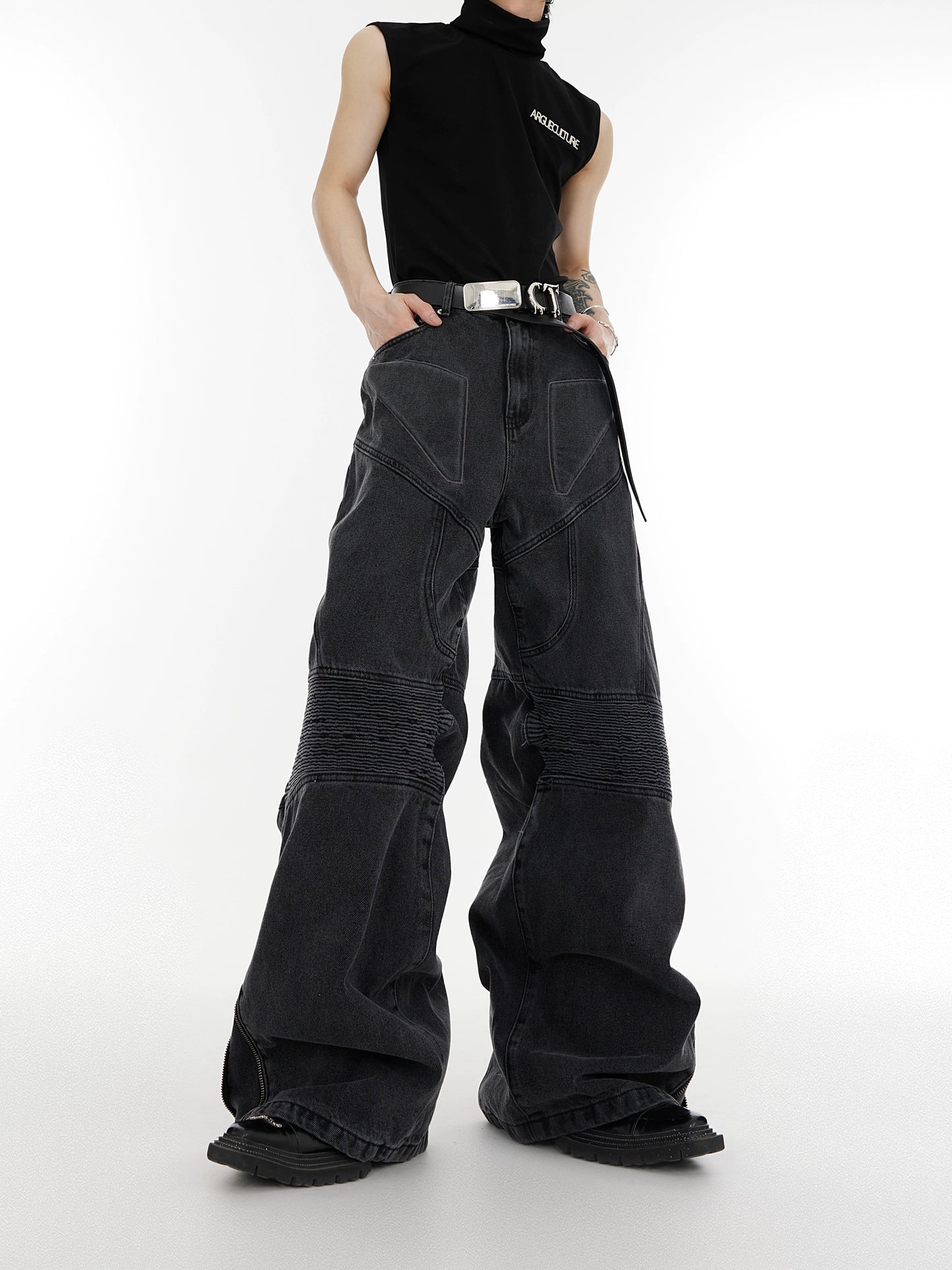 CulturE niche vintage washed pressed pleated deconstructed jeans metal zipper loose wide-leg drape cargo pants