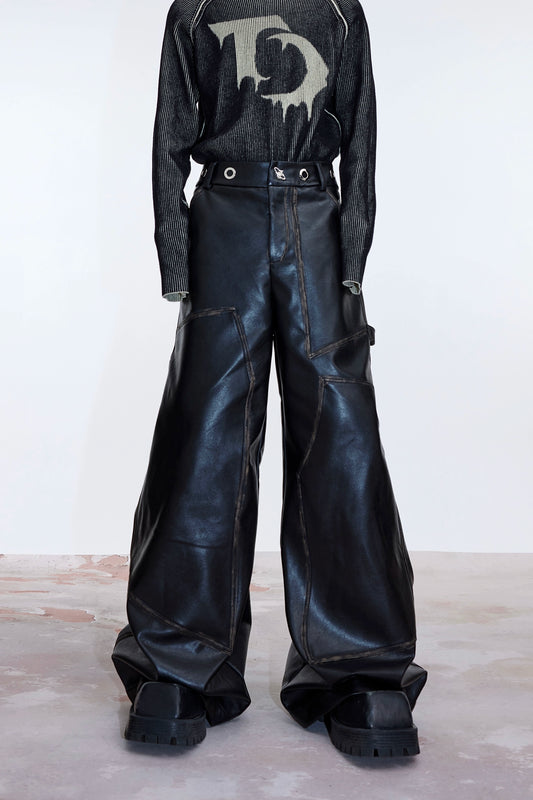 CulturE niche vintage distressed rubbed PU leather matte leather pants deconstructed split metal design sense wide-leg pants