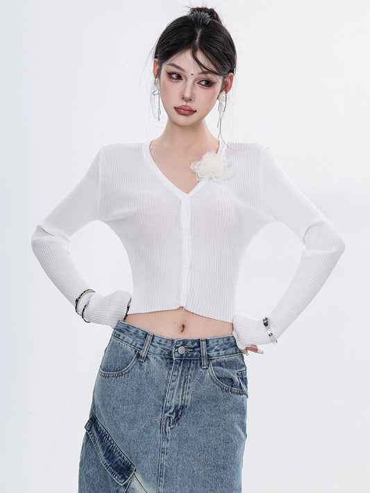 ABWEAR Spring New Spice Girl White V-Neck Long Sleeve Knit Sweater Women's Short Lace-up Design Slim Base Layer