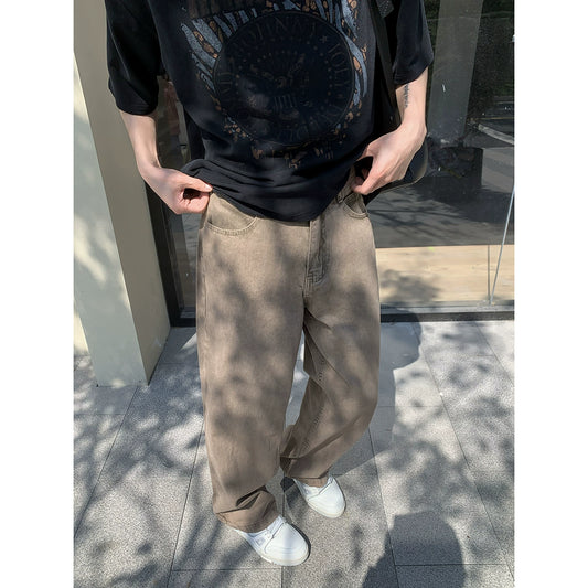 White mouth yang [Mocha chocolate] Maillard distressed washed straight jeans casual loose wide-leg pants men