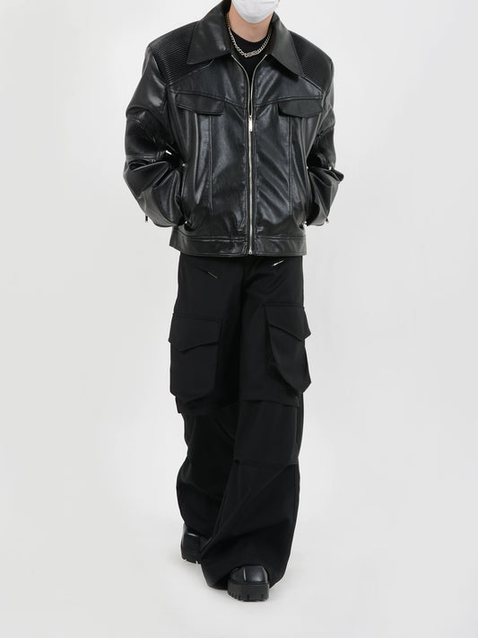 LUCE GARMENT is a niche deconstructed high-end padded shoulder patchwork pu leather jacket design sense short biker suit
