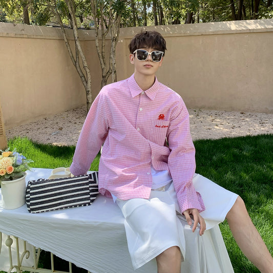 Baikouyang [Peach Blossom Crab] Korean version retro small pink checkered embroidered shirt casual loose and versatile long-sleeved shirt for men