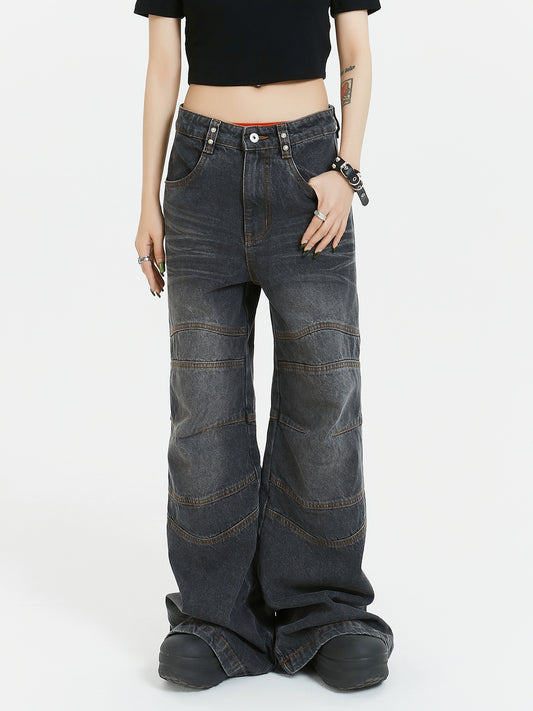 MICHINNYON American vintage high street niche wash distressed multi-strand deconstructed split panelled jeans