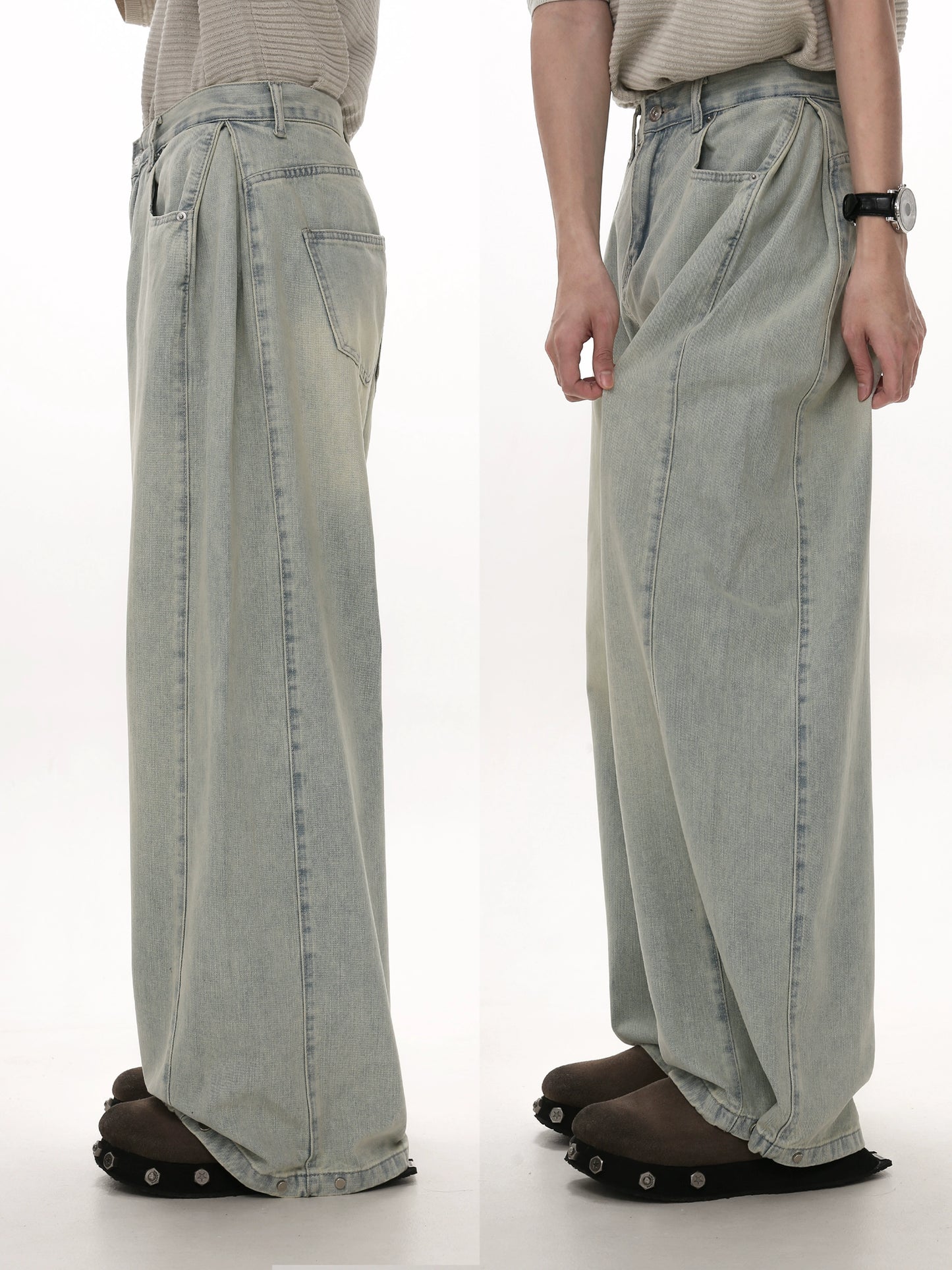 GIBBYCNA Spring/Summer New Vintage Jeans Men's American Loose Light Blue Slim Floor-Length Wide-leg Pants