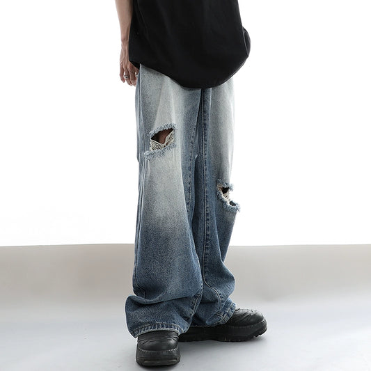 Mr. Black's summer new elastic waist ripped jeans men's straight loose wide-leg pants ins tide brand trousers