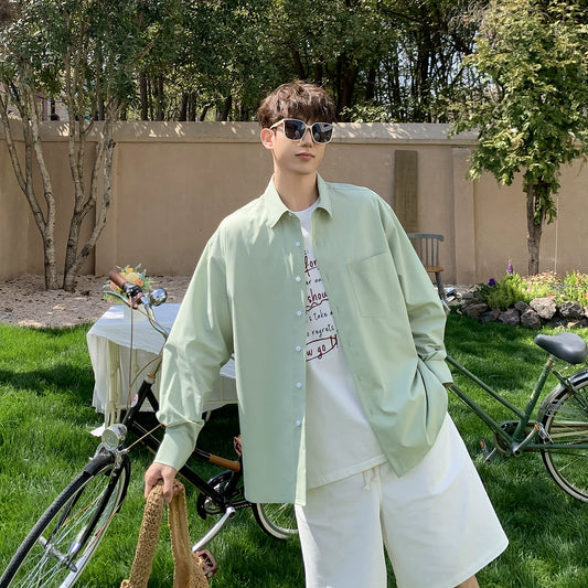 White Mouth Yang [Kaya Forest] thin youthful grass green solid color long-sleeved shirt casual loose and versatile shirt