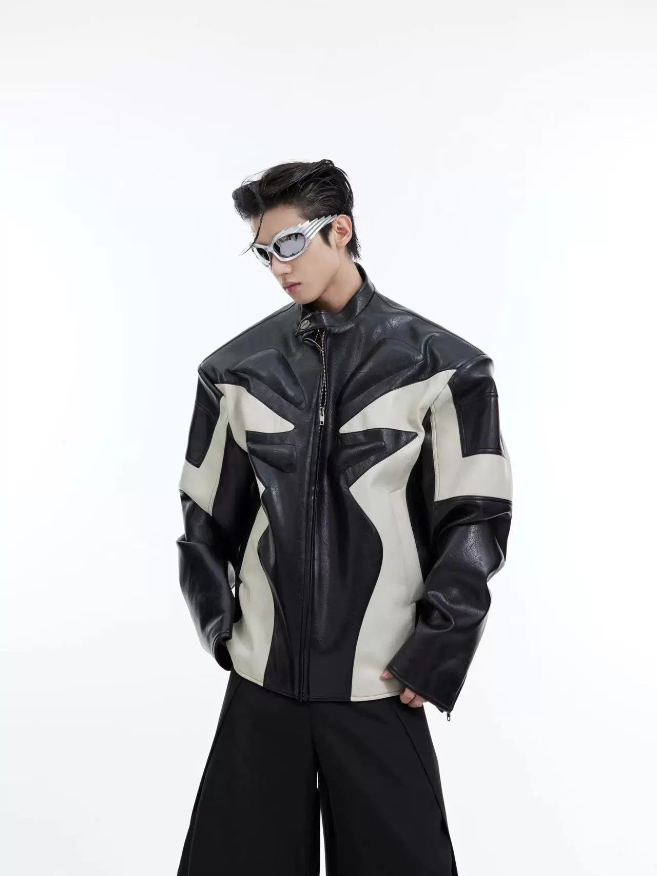 CulturE24ss's original niche deconstructed embossed design jacket jacket with color block short biker suit