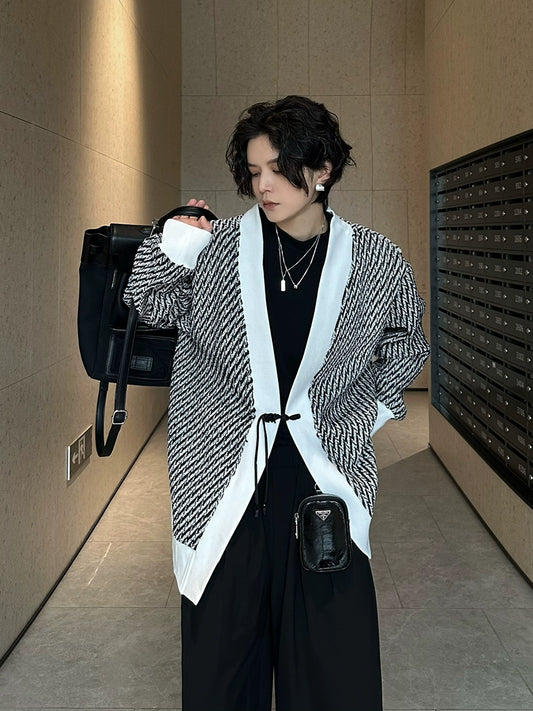 Fei self-made early spring national tide new Chinese genderless retro casual cardigan black and white check color-blocked loose sweatshirt