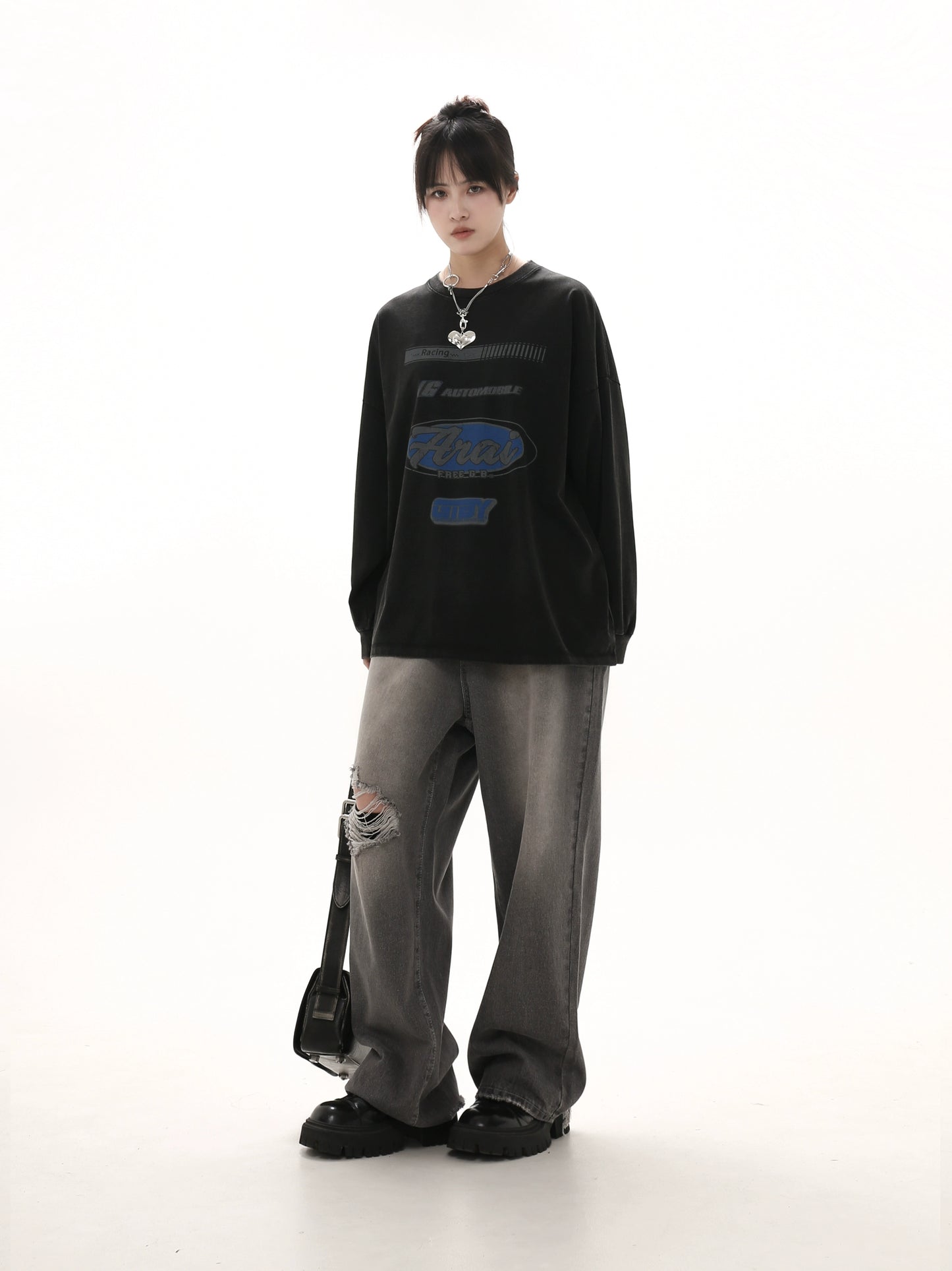 GIBBYCNA American Vintage Washed Straight Jeans Men's and Women's Trendy Loose Wide-leg Trousers High Waist Ripped Holes