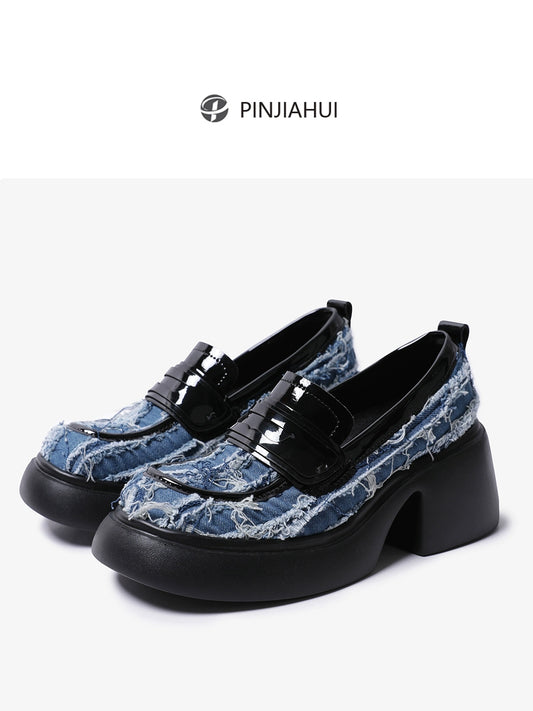 pinjiahui 2024 new denim platform flatform sole loafers one foot slip JK small leather shoes women's singles
