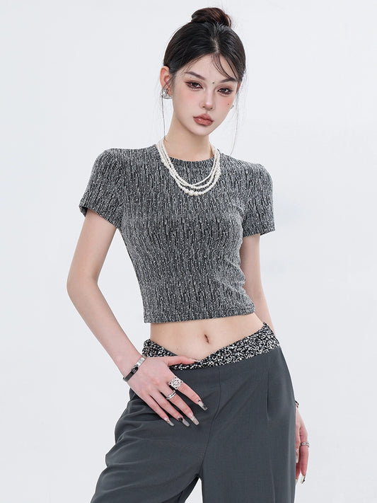 ABWEAR Original Korean Slim Crew Neck T-Shirt Women's Summer New Shiny Silk Short Sleeve Fashion Slimming Top