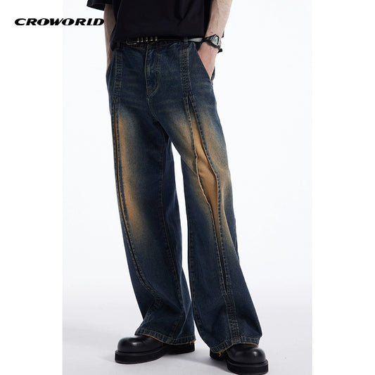 CROWORLD Split Wash Jeans Men's Summer American Retro Heavy Versatile Straight Leg Pants