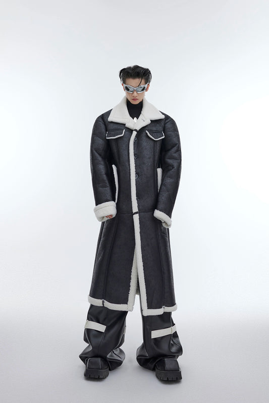CulturE niche deconstructed fur overcoat jacket with a padded shearling design and a long over-the-knee trench coat
