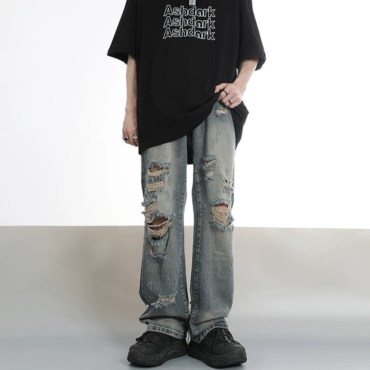 Black ASHDARK high street hiphop old heavy industry ripped jeans men's loose and thin straight pants ins