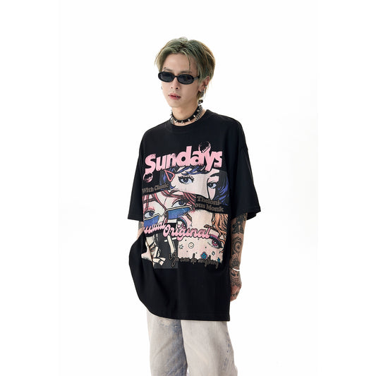 Mr. Black Y2K Retro Street Style Anime Character Print Unisex T-Shirt Summer Round Neck Cotton Short Sleeves