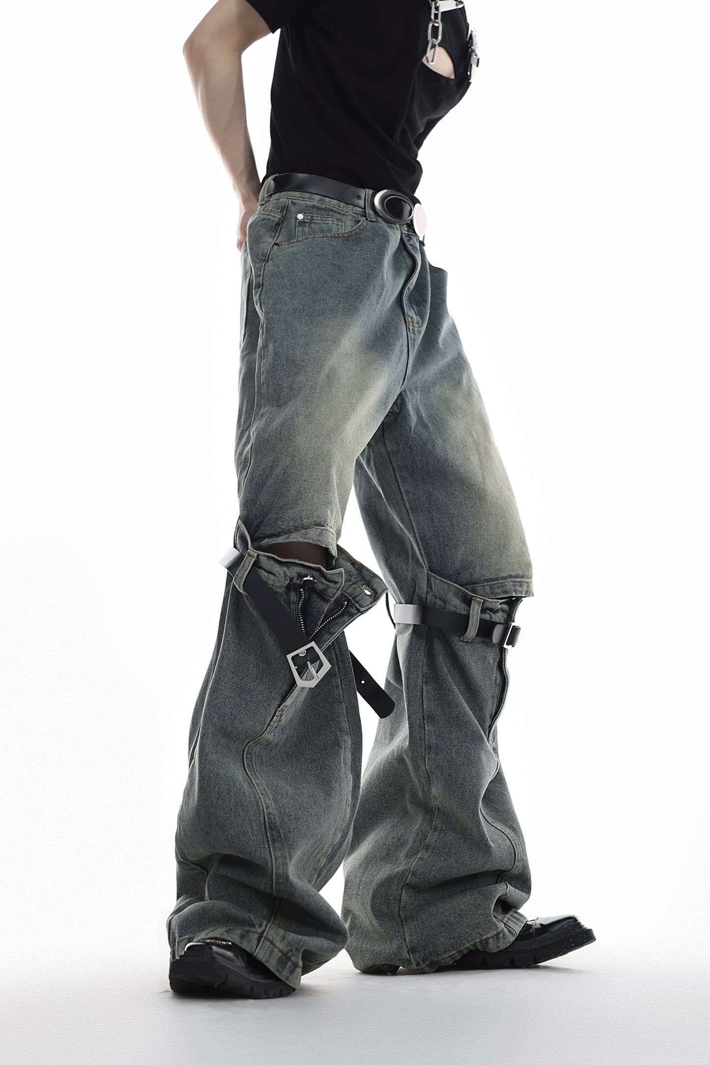 CulturE niche vintage distressed micro-flared jeans high-rise three-dimensional belt paneled design casual pants
