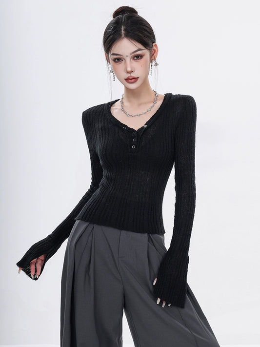 ABWEAR2024 new design sense spring button-up V-neck knitted base layer women's slim slim crop top