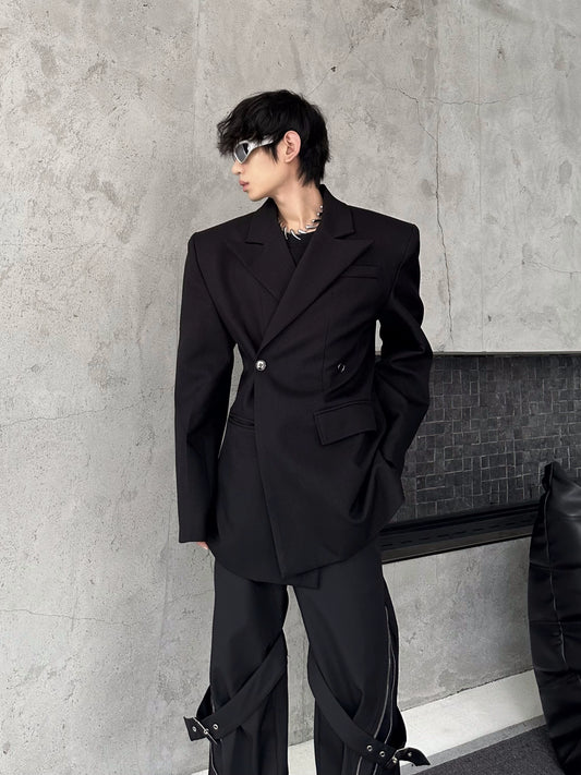 MARTHENAUT niche slim design sense three-dimensional silhouette padded shoulders solid color suit single button casual suit trend