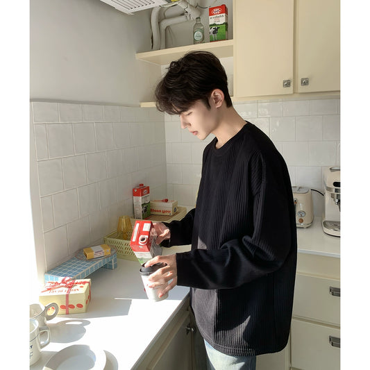 Bai Kouyang [Black Qiao Milk Shell] Korean version of the super soft pit strip basic base shirt solid color round neck dropped shoulders long sleeve T-shirt