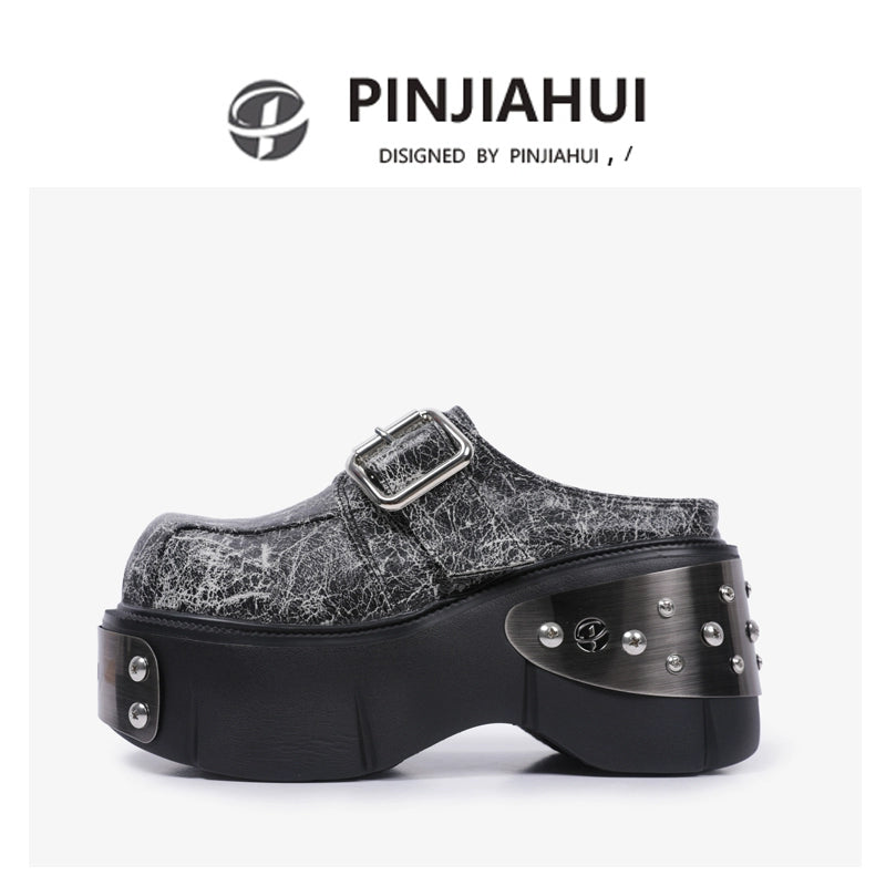 Harajuku European and American design thick-soled Baotou semi-drag female leather ugly cute and versatile small leather shoes to increase the height of a kick-in flatform shoes