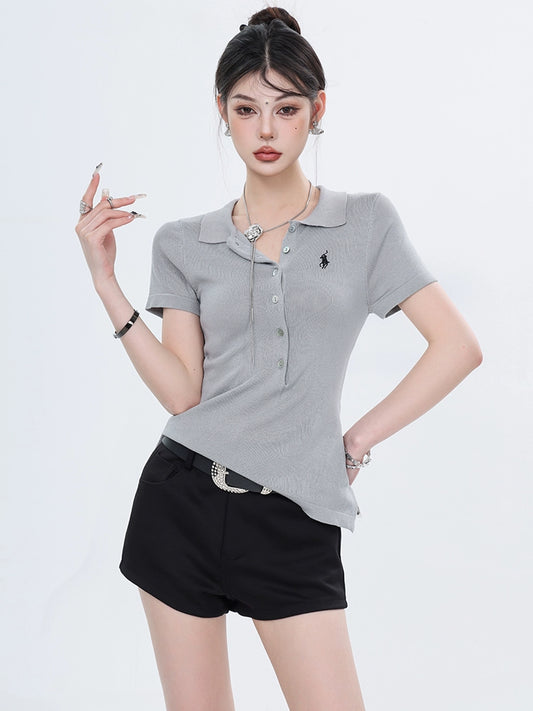 ABWEAR Spring New Hong Kong Style Age-Reducing Lapel Embroidered Breasted T-Shirt Women's Slim and Versatile Commuting Polo Short Sleeves
