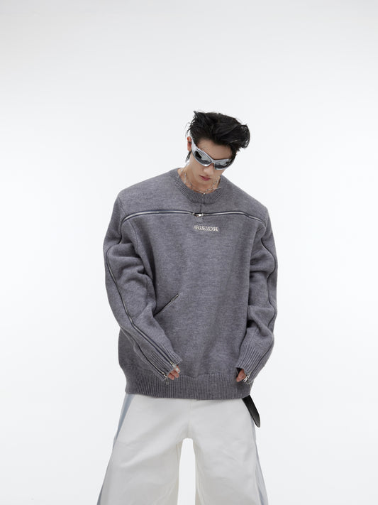 CulturE Fall/Winter Cult Structure, All-Over Zip-Up Design, Knitted Wool Crewneck Loose Pullover Couple Sweater