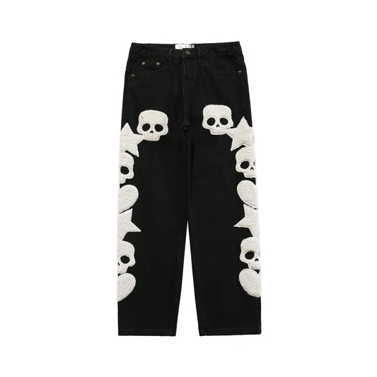TRB national trend hip-hop American street love skull patch loose jeans hiphop low-rise straight-leg trousers