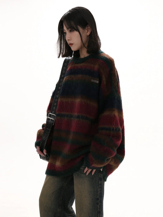 GIBBYCNA is a winter loose-fitting American retro period style striped knit pullover slouchy sweater
