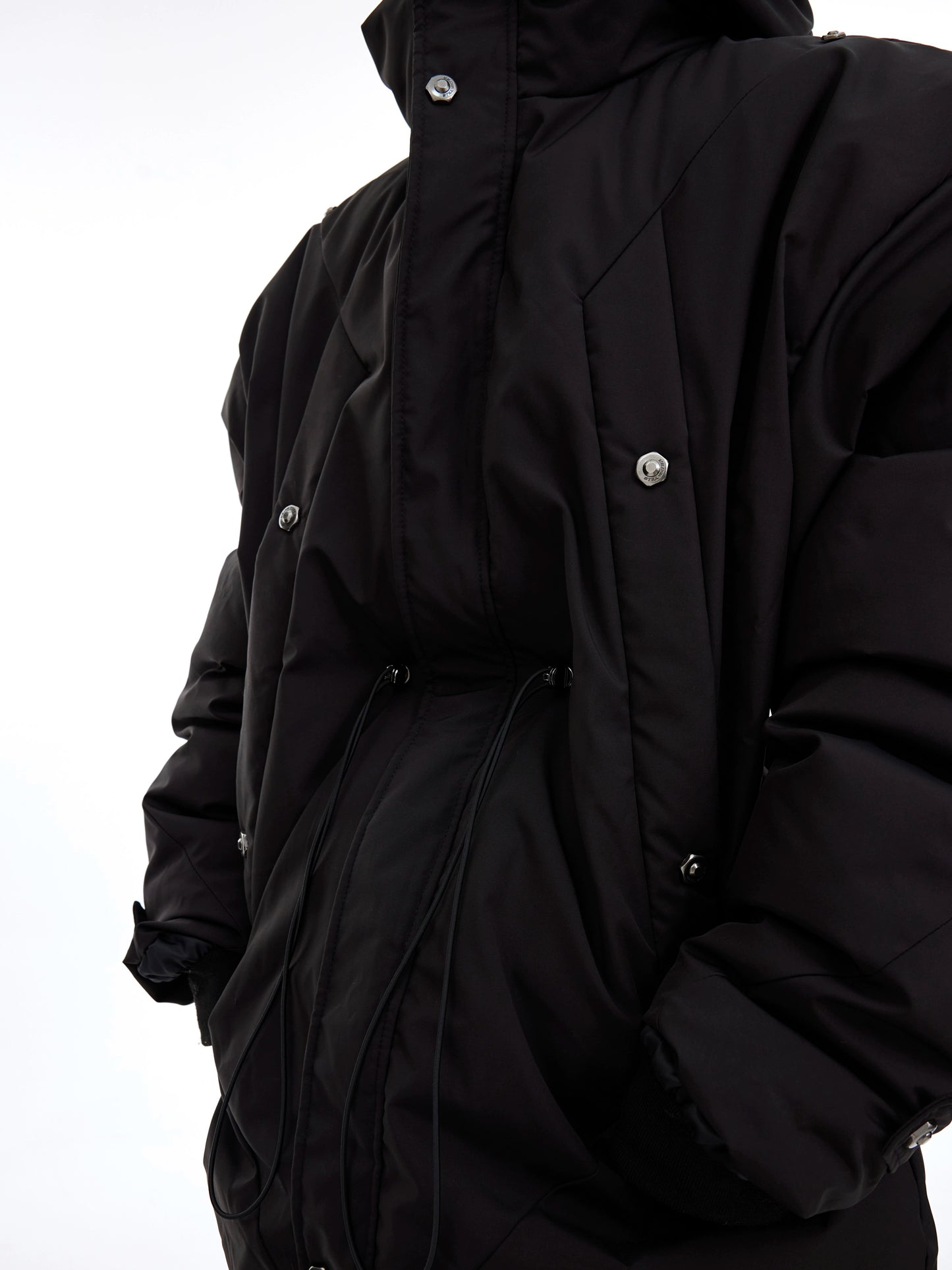 CulturE niche deconstructed heavy-duty hooded midi padded jacket with a cinched waist and metal button design padded jacket