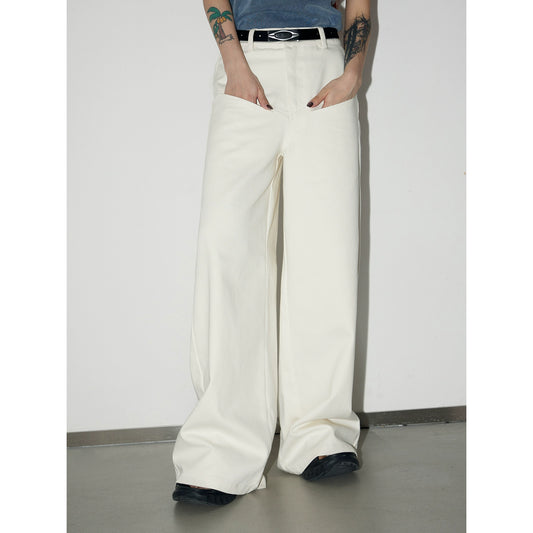 PEOPLESTYLE front slip pocket, basic white wide-leg pants, comfortable and languid, American everyday sense versatile jeans