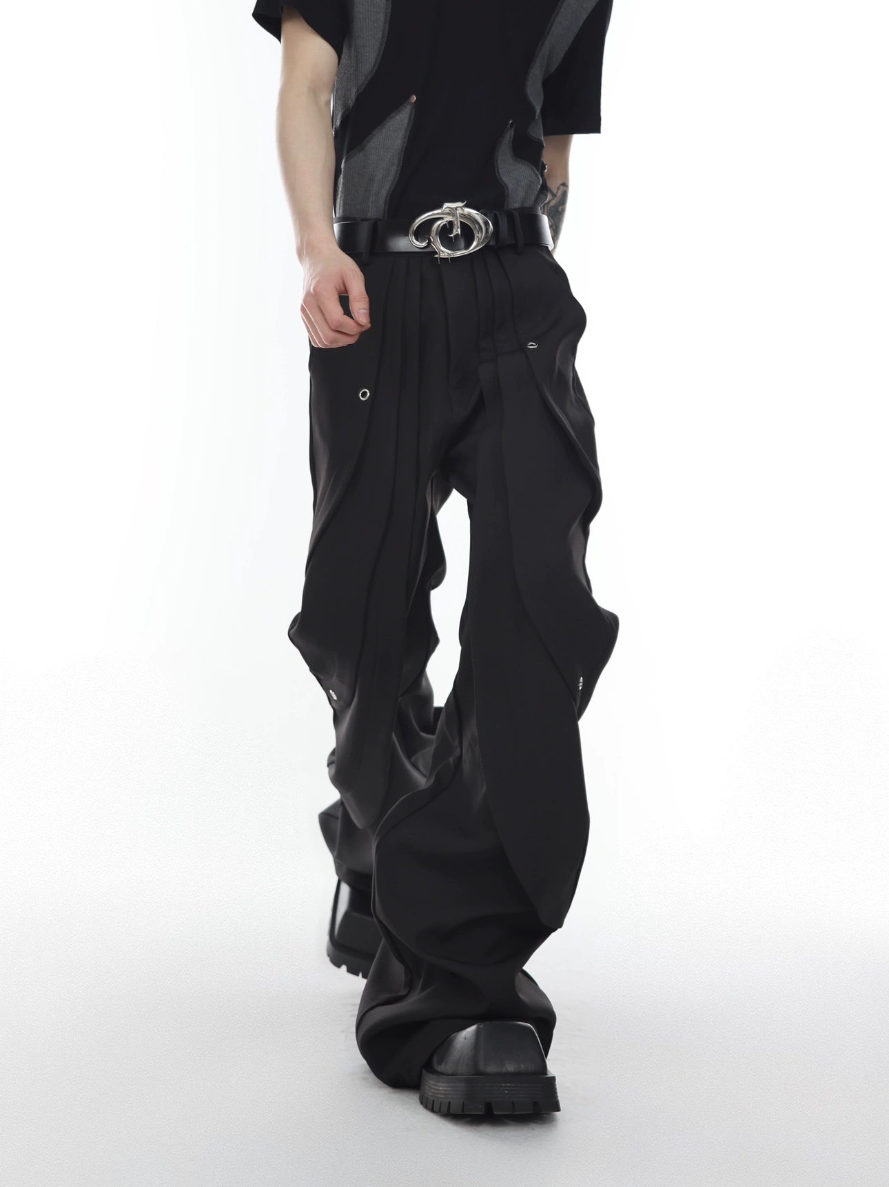 CulturE niche hand-segmented deconstructed slim-fit micro-flared trousers heavy casual pants black high-waist trousers